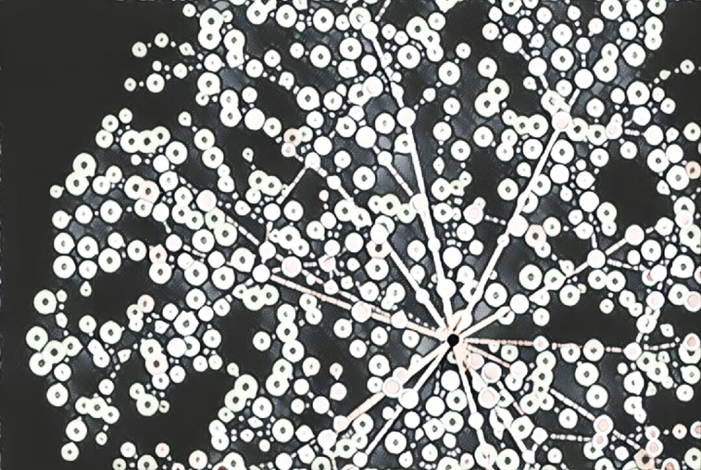 Sketch of the dashboard visualization: a radial network graph of nodes and paths converging on a center