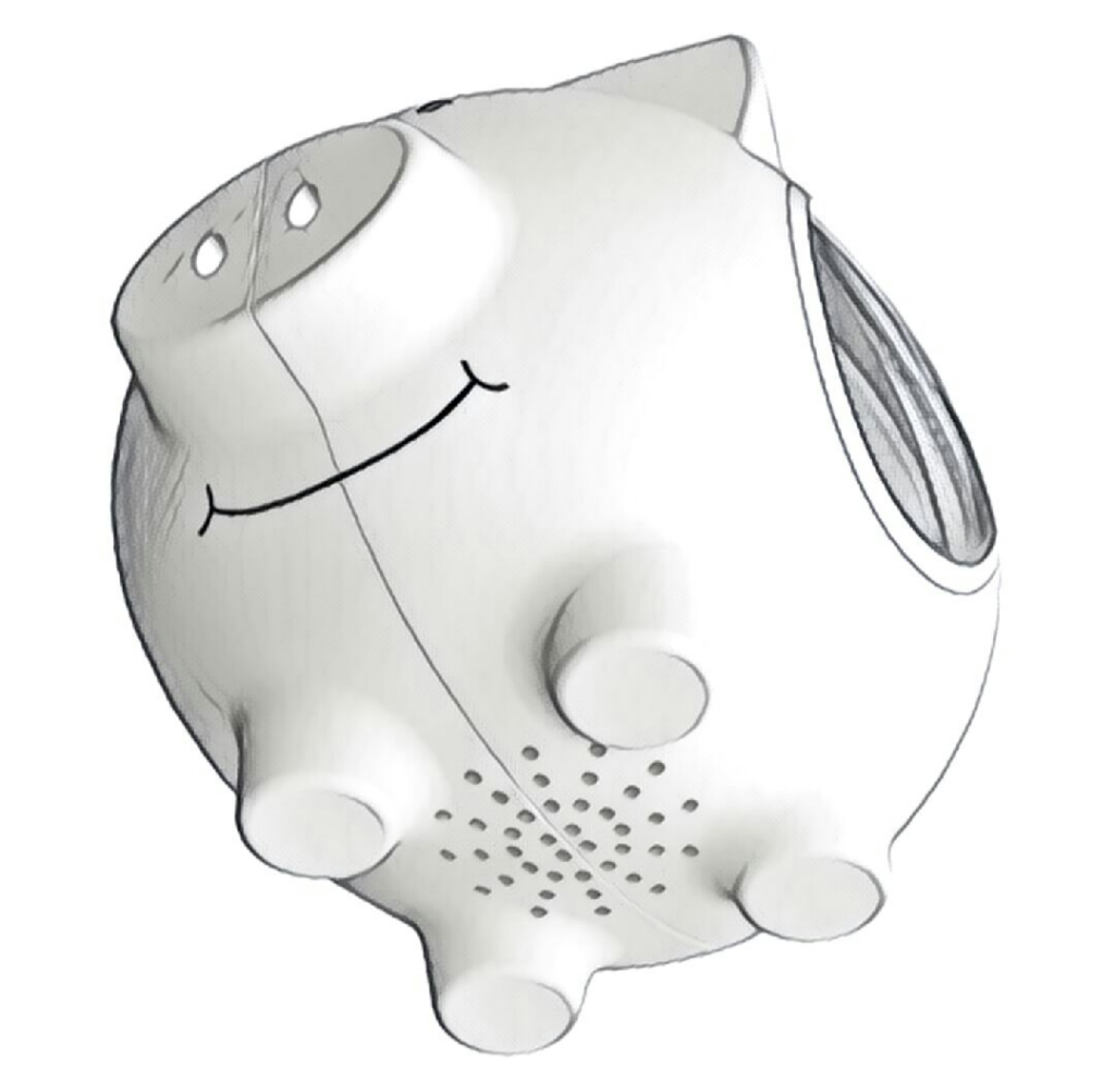 Sketch of the connected piggy bank, rear view, showing the speaker grille