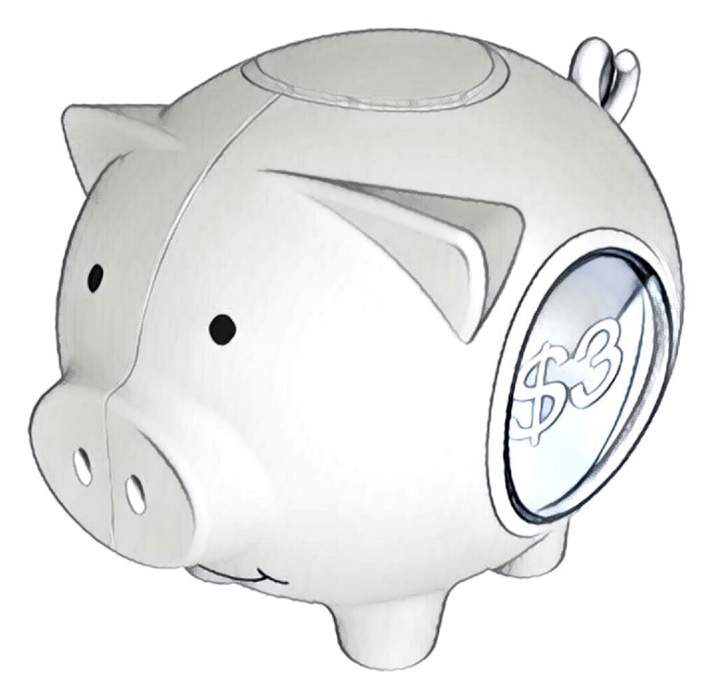 Sketch of the connected piggy bank, front view, with a $3 balance shown in the coin-shaped display