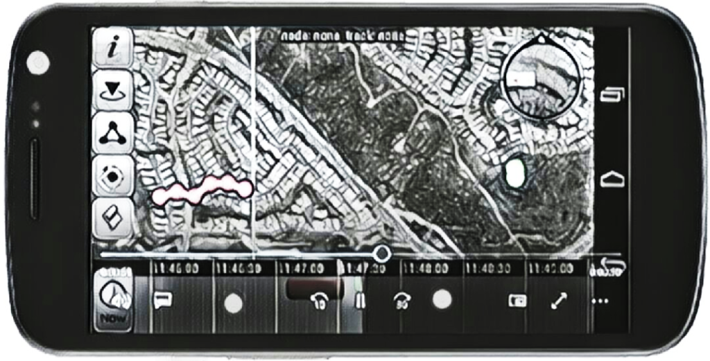 Sketch of a smartphone running the situational-awareness app: an aerial map with tracked objects and tool strips on screen