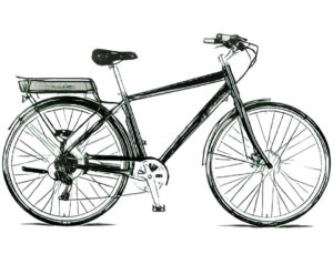 Sketch of an electric bicycle with a rack-mounted battery