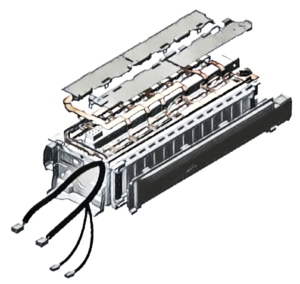 Sketch of a hybrid traction battery pack, opened, with cables