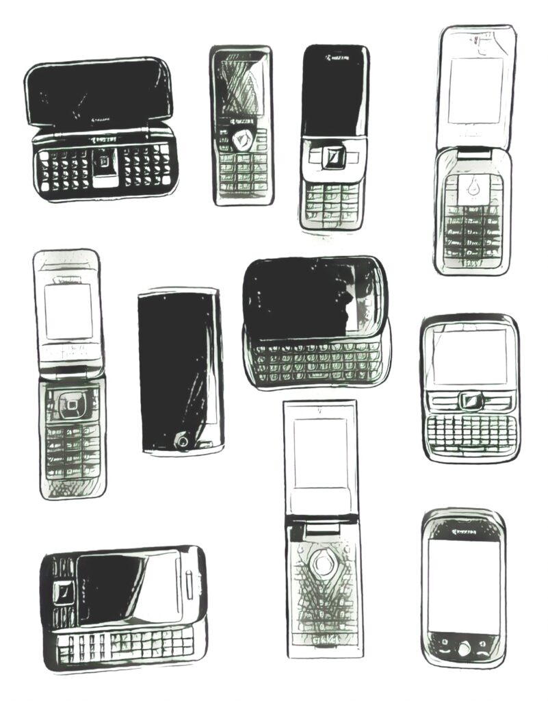 Sketch of eleven mobile phones — flips, sliders, and QWERTY keyboards — the fleet in parallel development