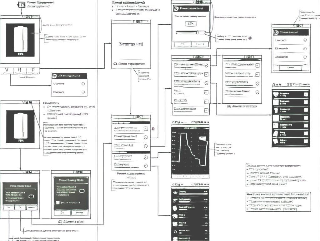 A UI specification flow page: annotated screens, states, and task flows connected by revision lines