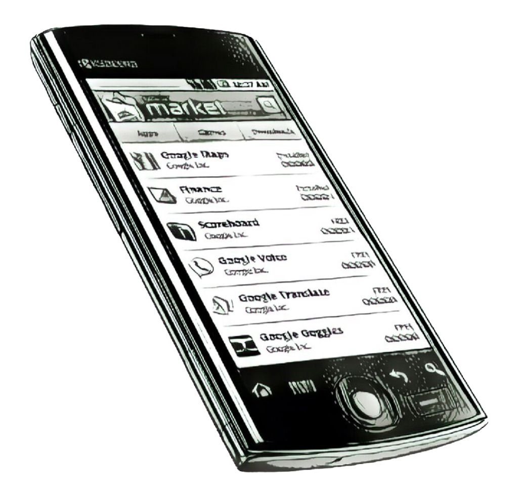 Sketch of a Kyocera touchscreen phone showing an app market on screen