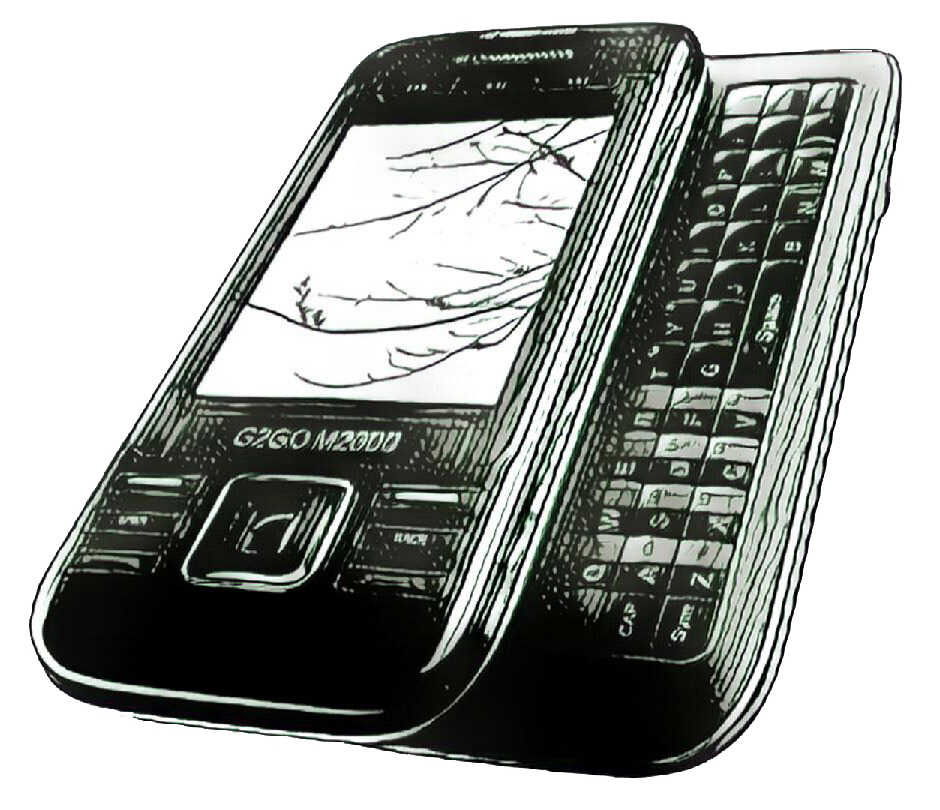 Sketch of a Kyocera slider phone with QWERTY keyboard extended