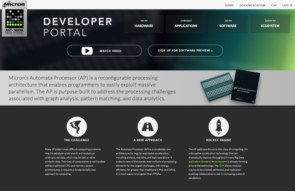 Micron Automata Processor developer portal homepage with hardware, applications, software, and ecosystem sections