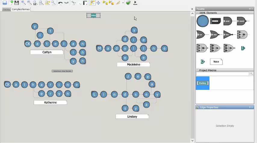 The AP Workbench visual development environment: automata assembled from ANML elements on a canvas, with a palette of logic operators
