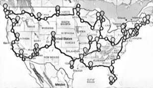 Sketch of a US map with road trip routes threaded across it