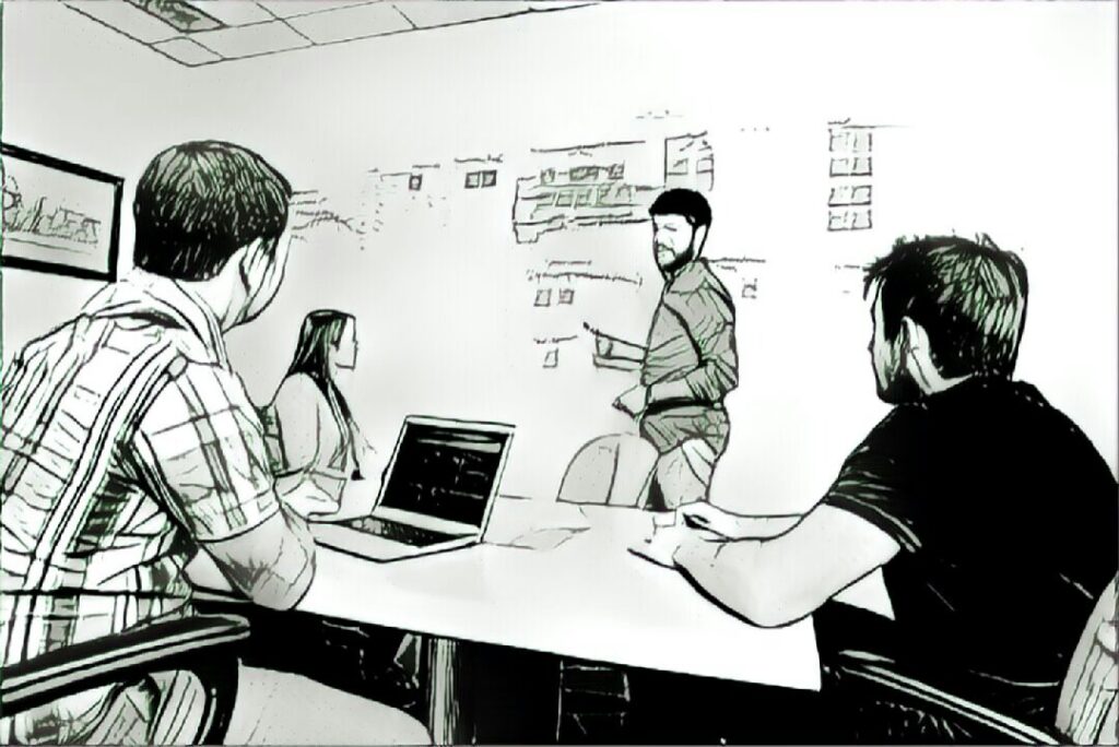 Sketch of a team working at a whiteboard covered in flow diagrams