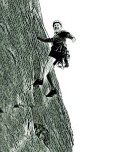 Sketch of a rock climber rappelling down a steep rock face