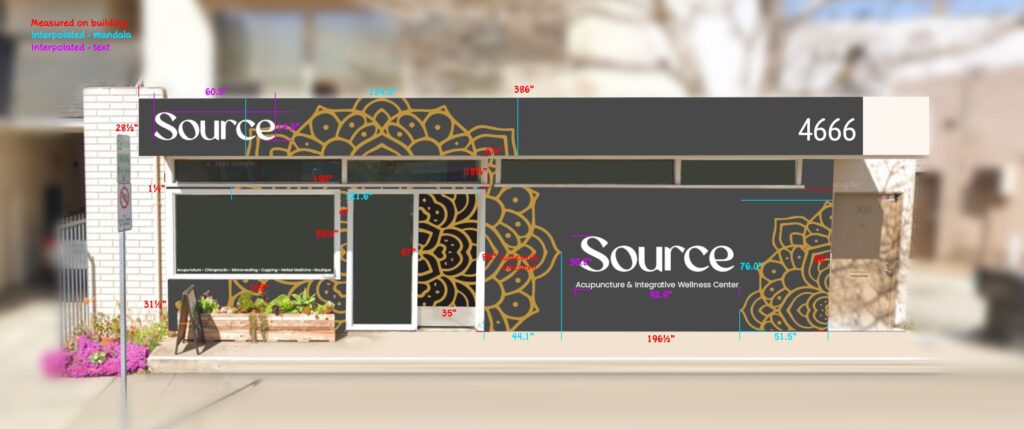 A photographic mockup of the building’s front elevation with the mural design overlaid, annotated throughout with dimensions in red, cyan and magenta, and a key reading measured on building, interpolated mandala, interpolated text.