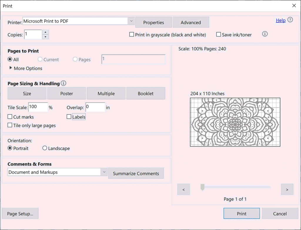 A print dialog showing the mandala tiled for output at 204 by 110 inches