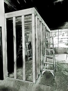 Sketch of wall framing going up at San Diego CoLab