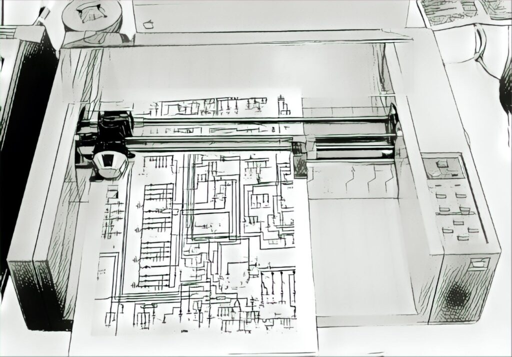 A pen plotter of the 1980s seen from above, its carriage and pen turret resting over a large sheet on the bed. The sheet carries a dense utility circuit diagram. Rendered as a high-contrast line drawing.