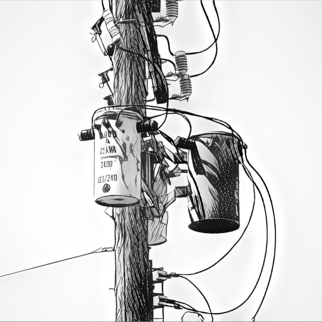 A wooden distribution pole carrying crossarms, insulators and cutouts, with two cylindrical transformers hung below. The nearer tank is stencilled 25 KVA, 2400, 120/240. Rendered as a high-contrast line drawing.