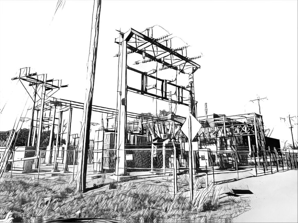 A distribution substation behind a fence: steel framework, bus work, insulators and a large transformer, with poles and conductors running out of frame. Rendered as a high-contrast line drawing.
