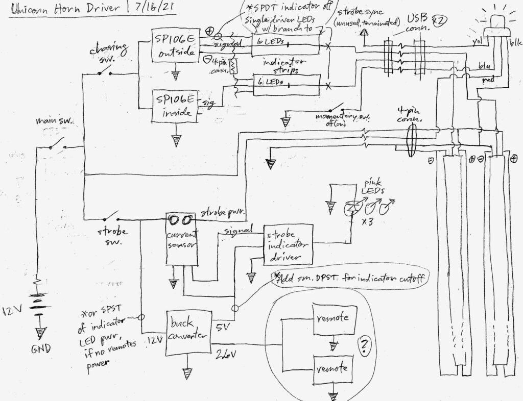 Hand-drawn circuit schematic titled Unicorn Horn Driver, dated 7/16/21, showing LED controllers, a strobe driver, a current sensor and a 12V to 5V buck converter