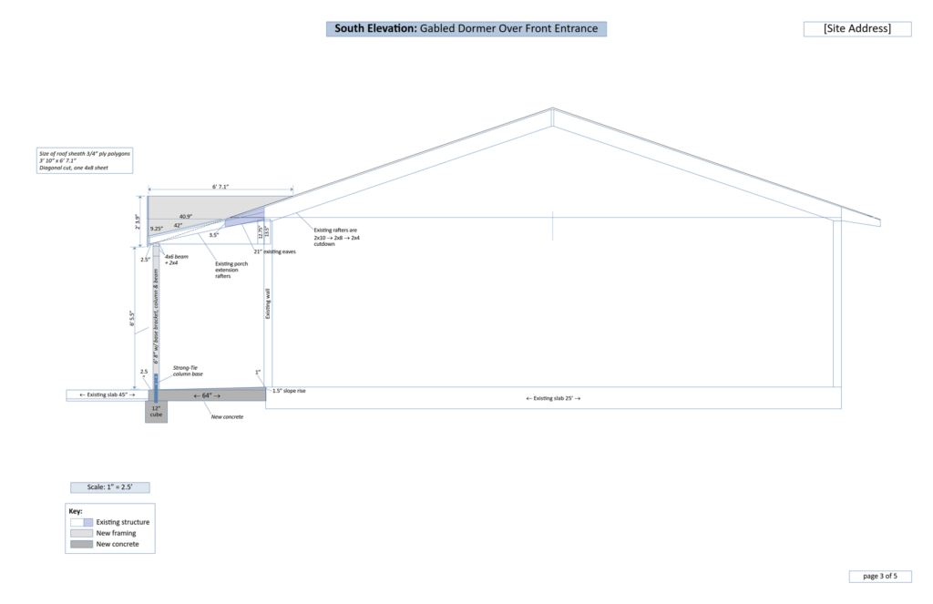 South elevation drawing of the new gabled dormer over the front entrance, showing new framing against the existing wall, existing porch extension rafters, a 4x6 beam plus 2x4, a Strong-Tie column base on a twelve-inch cube footing, existing and new concrete slab, and a note that existing rafters step from 2x10 to 2x8 to a 2x4 cutdown. Scale one inch to two and a half feet.