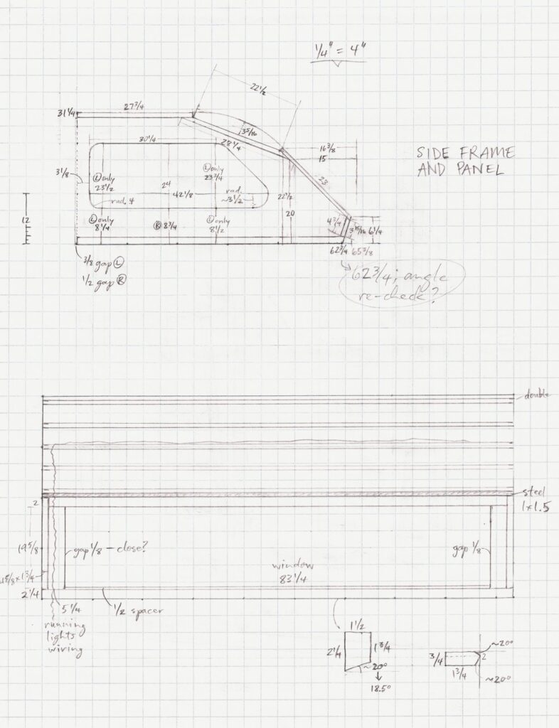 Hand-drafted plan on graph paper labeled SIDE FRAME AND PANEL, with dimensions, radii and a scale note