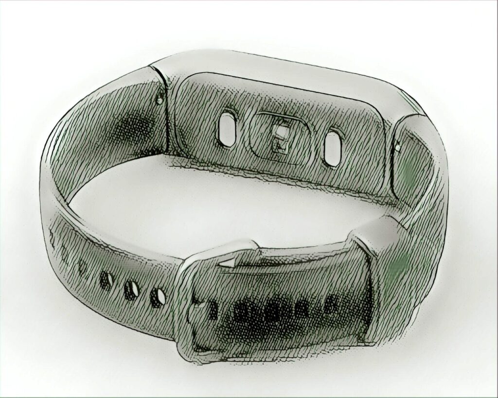 A sketch-treated illustration of a plain unbranded wrist-worn sensor band, its body carrying two small side buttons and no display, with a buckled strap