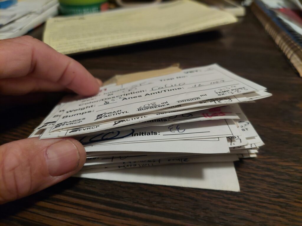 The same stack of clinic cards held in one hand and fanned at the edge, showing its full thickness